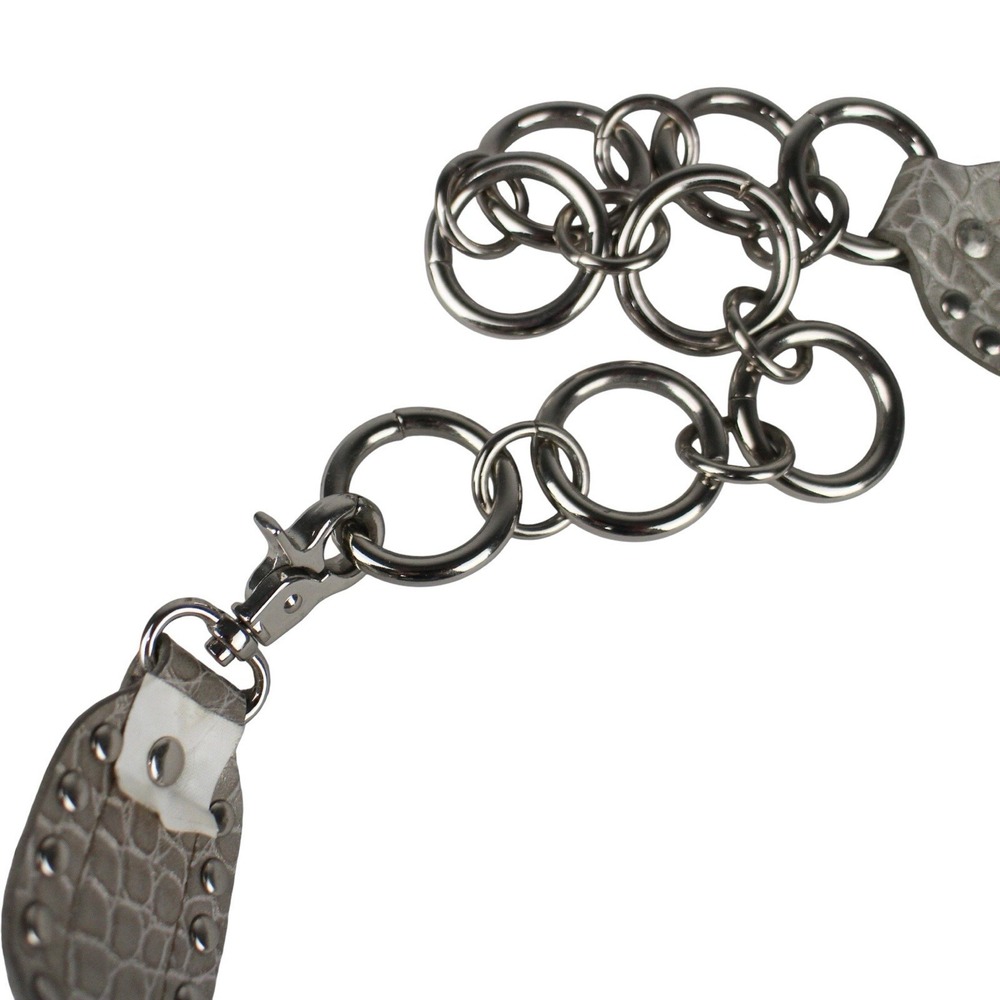 Kathy Van Zeland Studded Leopard Print Leather Chain Link Waist Belt Silver OS - Picture 3 of 7